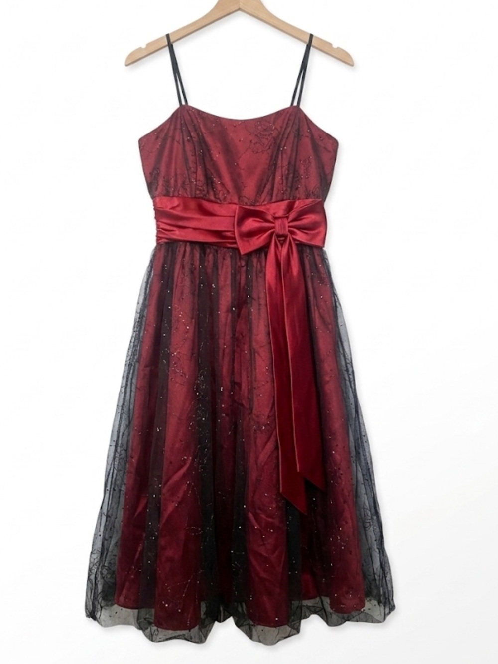 Girls' Burgundy Formal Dress with Black Overlay and Satin Bow